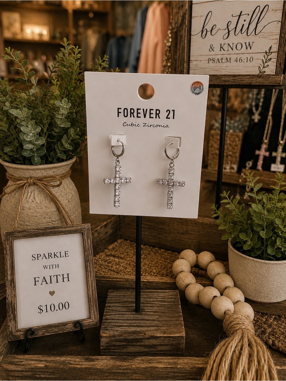 Forever 21 Silver Cubic Zirconia Cross Hoop Earrings - Silver